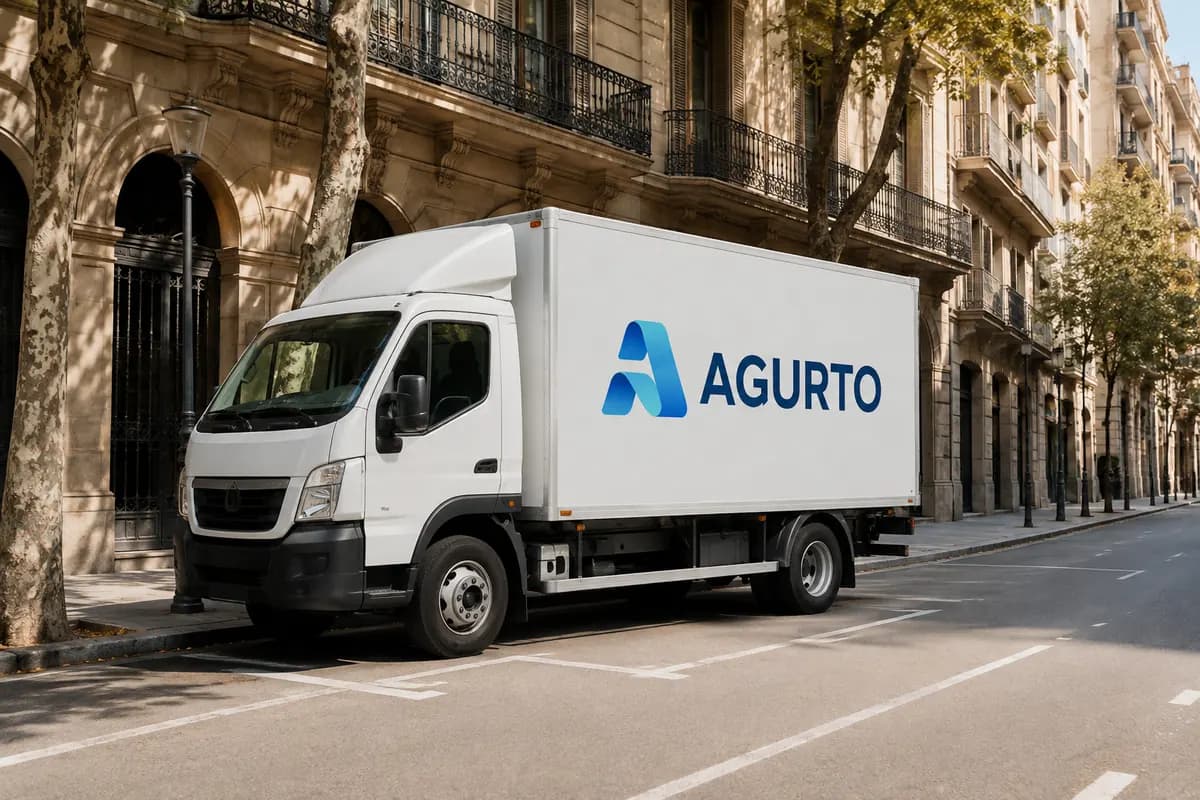 Ilustración de un camión Agurto estacionado junto a una fachada de Barcelona